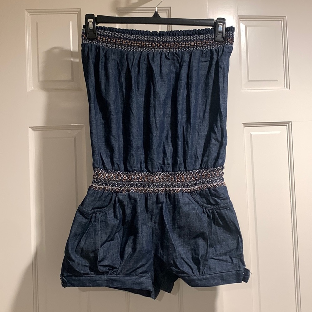 Women’s Strapless Jean Romper, side zipper front & back pockets & stretc…